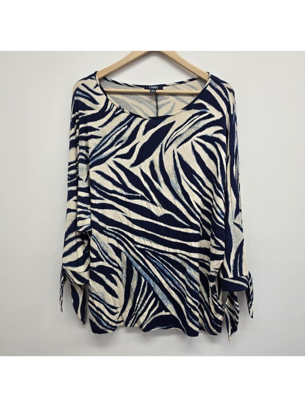 CHAPS Tropical Blouse Top XL Dolman Sleeve Slinky Stretch Navy/Tan Tie Sleeve